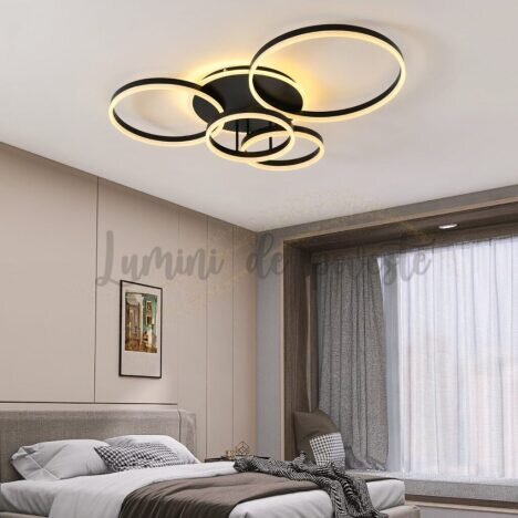 Lustra LED 234W Minimalist Mickey Black, LED inclus, 4 surse de iluminare, Telecomanda, Lumina: Cald