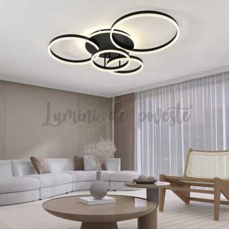 Lustra LED 234W Minimalist Mickey Black, LED inclus, 4 surse de iluminare, Telecomanda, Lumina: Cald